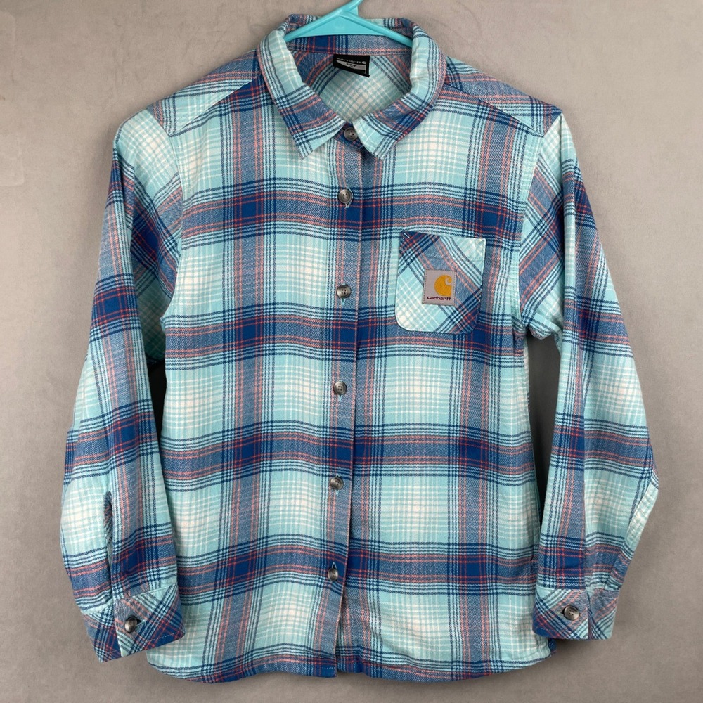 Carhartt Kids Blue Orange Plaid Flannel Button Down Shirt Lumberjack Gorp Sz S 8